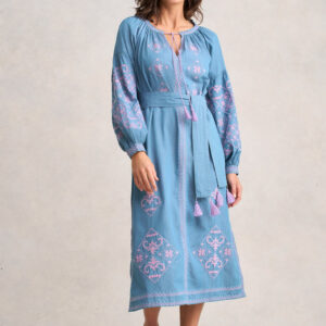 Embroidered Folk Dress - Mid Denim Blue