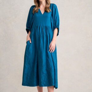 Gathered Sleeve Silk Dress - Teal