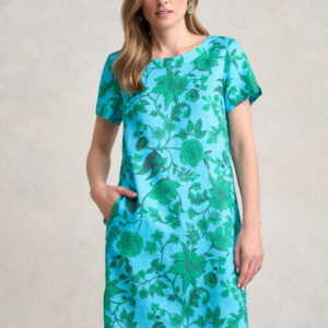 French Linen Shift Dress - Emerald Floral