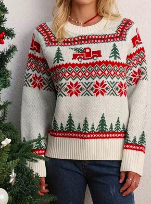 Tree Print Crew Neck Color Block Embroidery Sweater