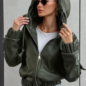 Black Faux Leather Hooded Loose Streetwear Jacket