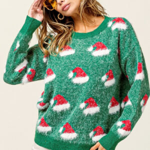 Color Block Santa Hat Fuzzy Embroidered Sweater