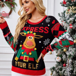 Moose 3D Pom Pom Sequin Crew Neck Sweater