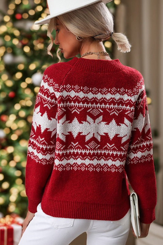 Color Block Crew Neck Snowflake Sweater