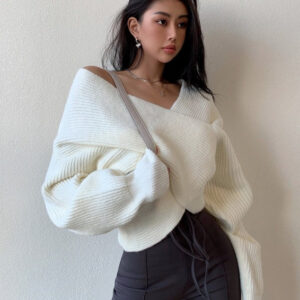 Solid V-Neck Crisscross Cold Shoulder Asymmetric Sweater