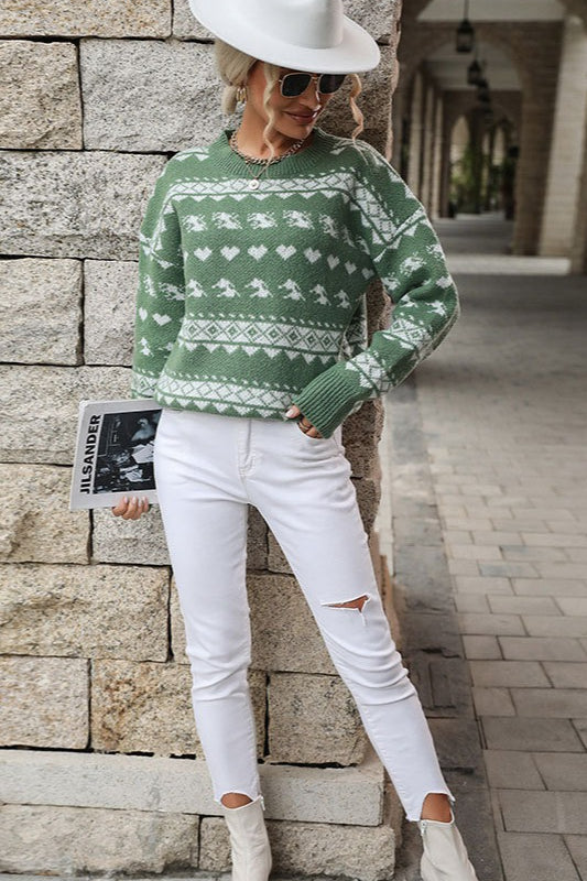 Color Block Crew Neck Snowflake Sweater