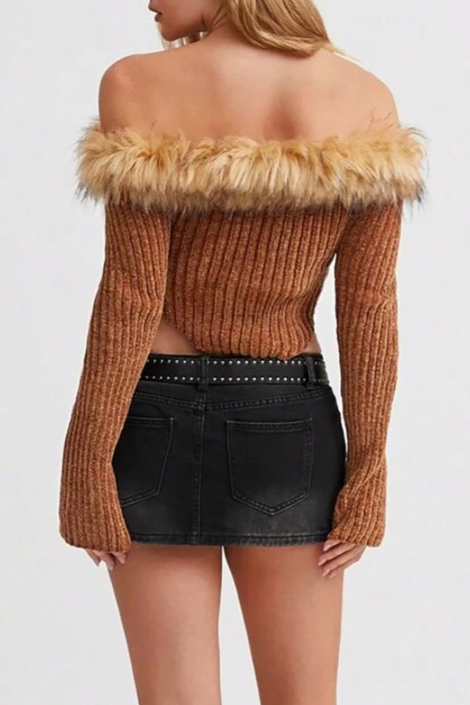 Off-the-Shoulder Fur Trim Slim Sweater