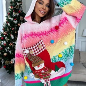 3D Snowman Hooded Pom Sweater