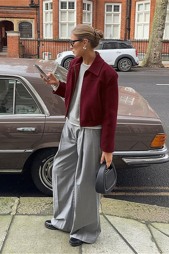 Burgundy Wool Short Casual Collared Retro American Jacket